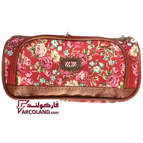 جامدادی پارچه ای متین کد 1-303 طرح گل قرمز رنگ | Matin pencil case | سه زیپ