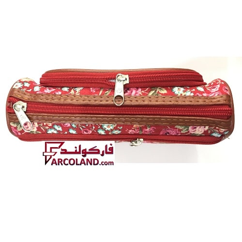 جامدادی پارچه ای متین کد 1-303 طرح گل قرمز رنگ | Matin pencil case | سه زیپ