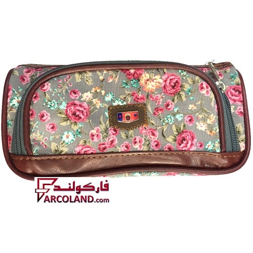 جامدادی پارچه ای متین کد 2-303 طرح گل طوسی رنگ | Matin pencil case | سه زیپ