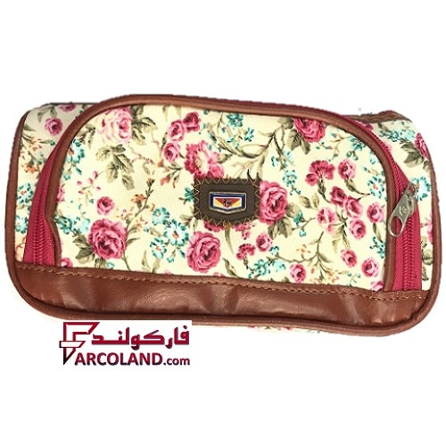 جامدادی پارچه ای متین کد 3-303 طرح گل کرمی رنگ | Matin pencil case | سه زیپ