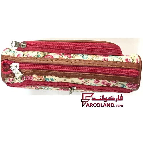 جامدادی پارچه ای متین کد 3-303 طرح گل کرمی رنگ | Matin pencil case | سه زیپ