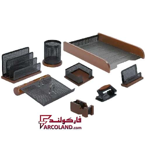 خرید و قیمت ست رومیزی اداری 8 تکه شهاب تحریر مدل چوب و فلز با کازیه