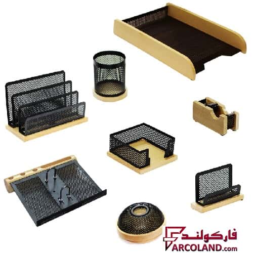 خرید و قیمت ست رومیزی اداری 8 تکه شهاب تحریر مدل چوب و فلز با کازیه