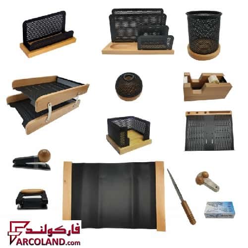 خرید و قیمت ست رومیزی اداری 14 تکه شهاب تحریر مدل چوب و فلز