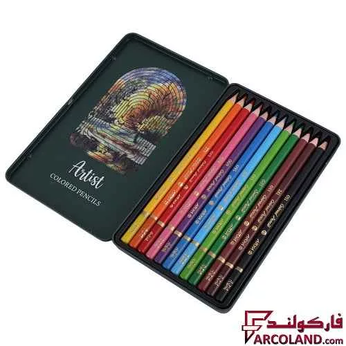 خرید اینترنتی و قیمت مداد رنگی 12 رنگ آریا جعبه فلزی مدل Artist 3901
