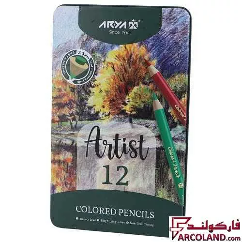 مداد رنگی 12 رنگ آریا جعبه فلزی مدل آرتیست Artist 3901